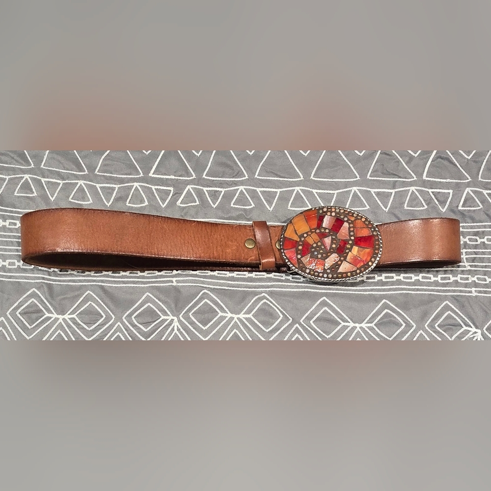 Brown Leather Belt With Glass Mosaic Belt Buckle Size 34
